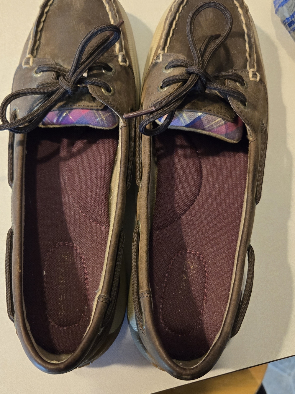 Women’s Sperry Brown Leather Boat Shoes with Plaid Detail/ 8